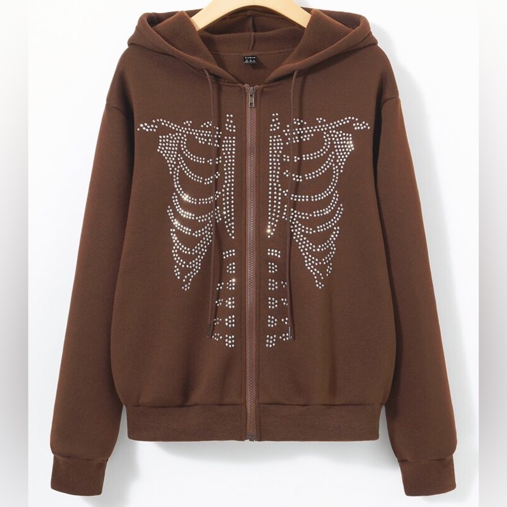 SHEIN Brown Rhinestone Skeleton Hoodie